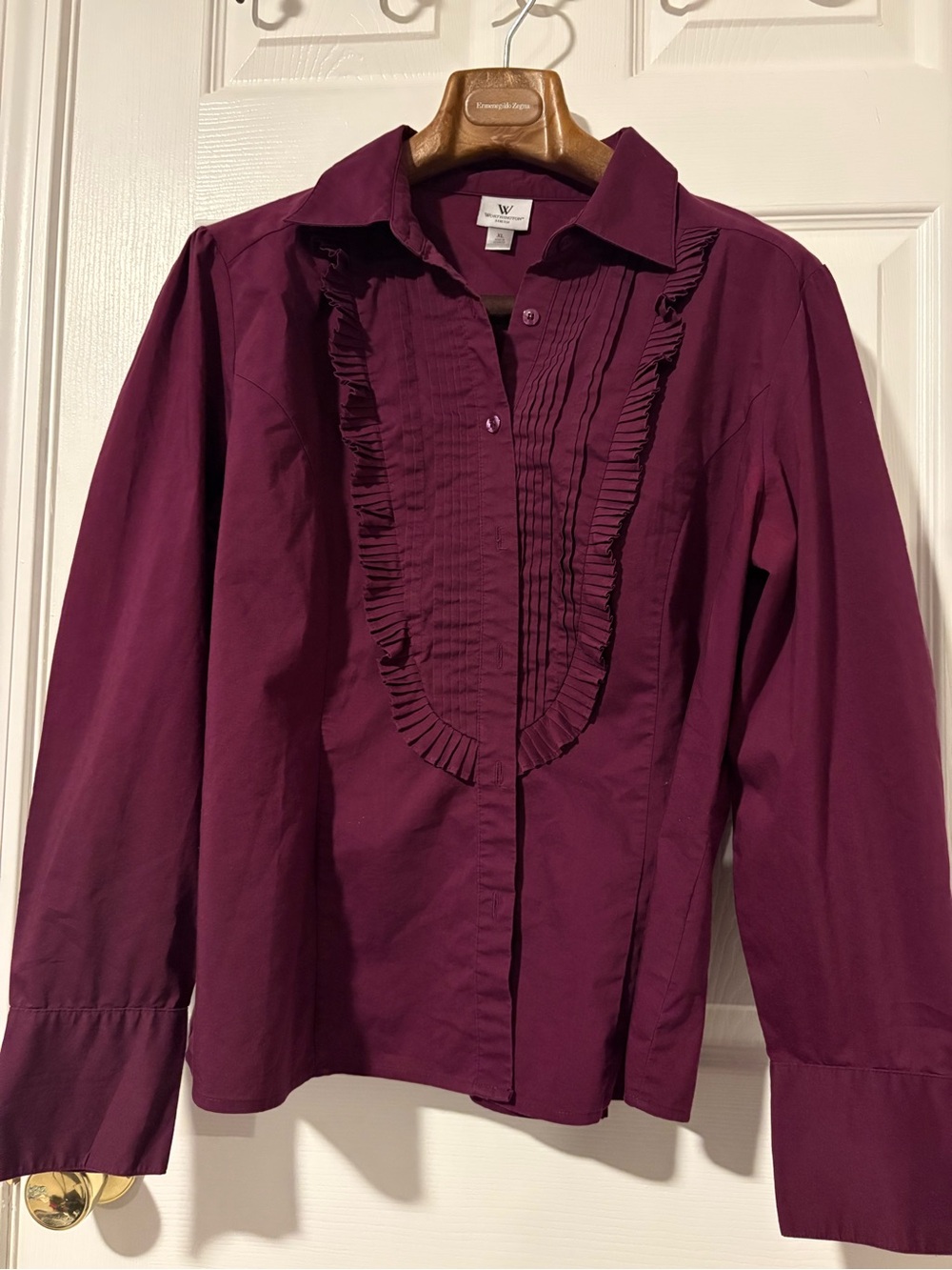 Worthington Ruffle Front Button-Down Shirt - Plum